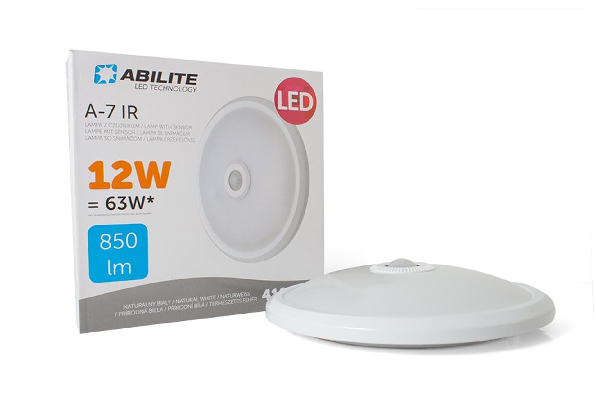 

PLAFON LED ABILITE A-7 Z CZUJNIKIEM RUCHU IR B.NATURALNA 12W/230V 850LM BIAŁY