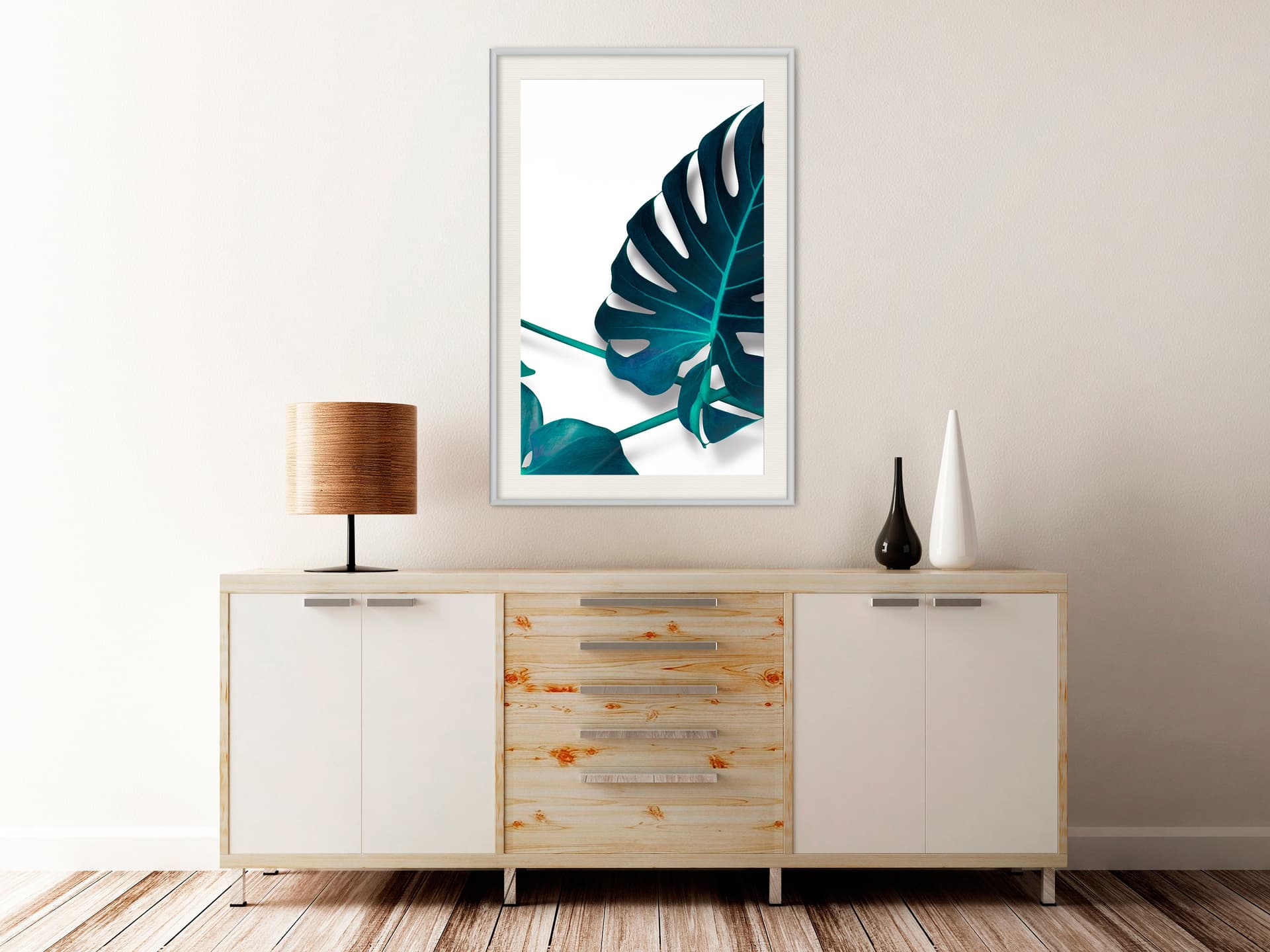 

Plakat - Turkusowa monstera I (rozmiar 40x60, wykończenie Rama biała z passe-partout)