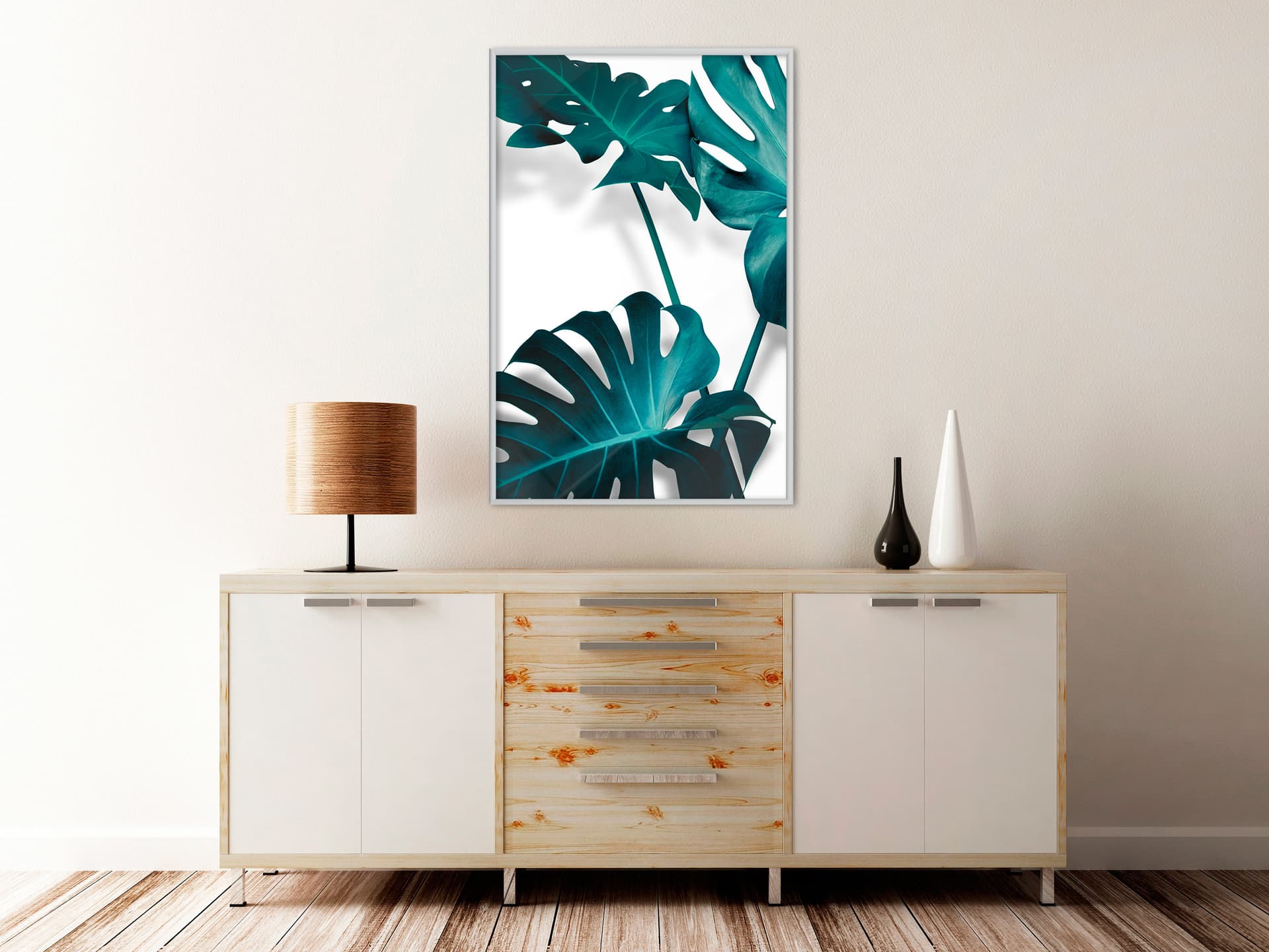 

Plakat - Turkusowa monstera II (rozmiar 20x30, wykończenie Rama biała)