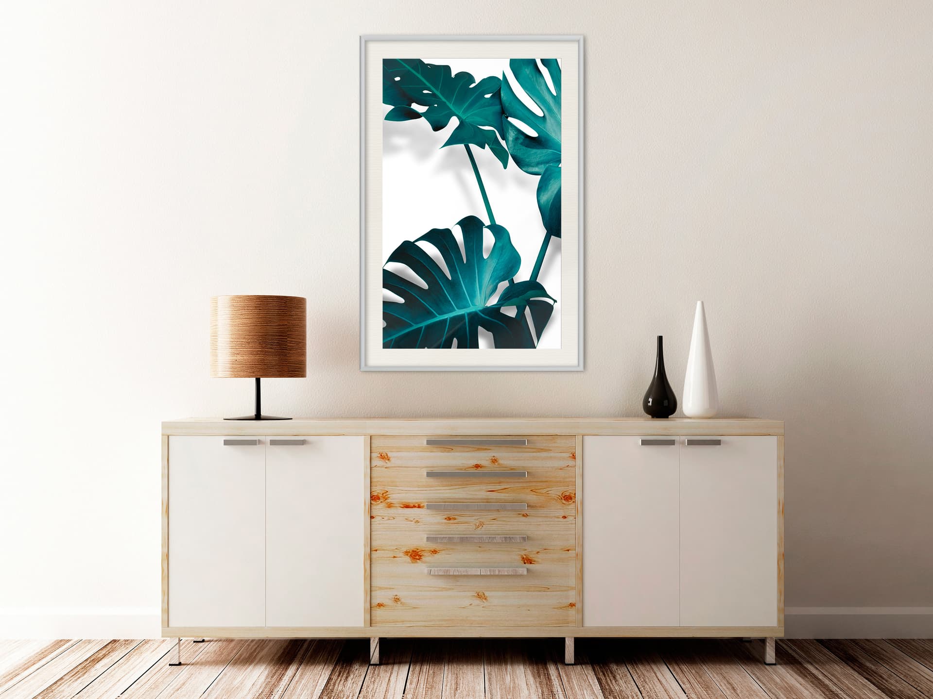 

Plakat - Turkusowa monstera II (rozmiar 30x45, wykończenie Rama biała z passe-partout)