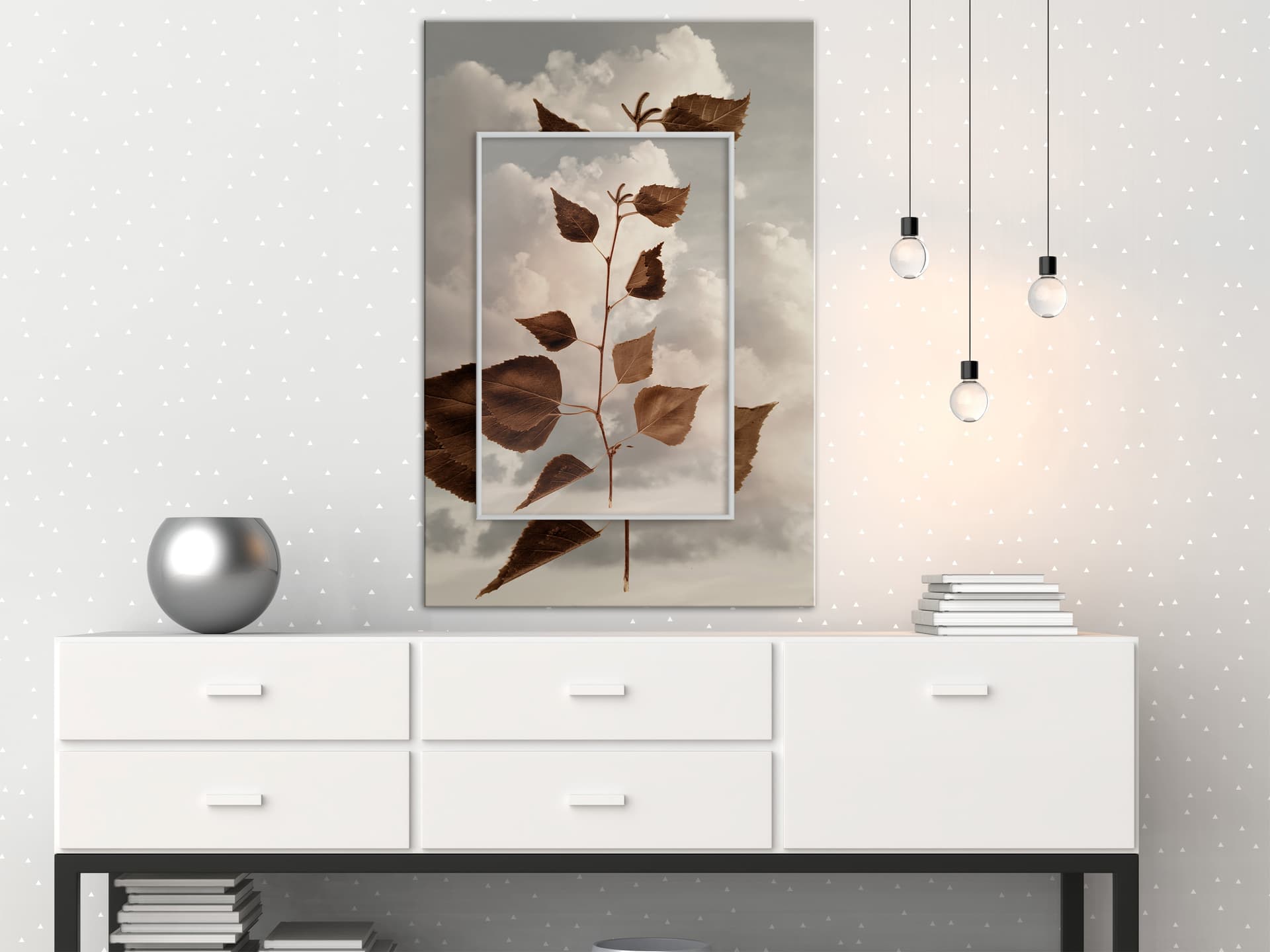 

Plakat - Liście w chmurach (rozmiar 20x30, wykończenie Rama biała)