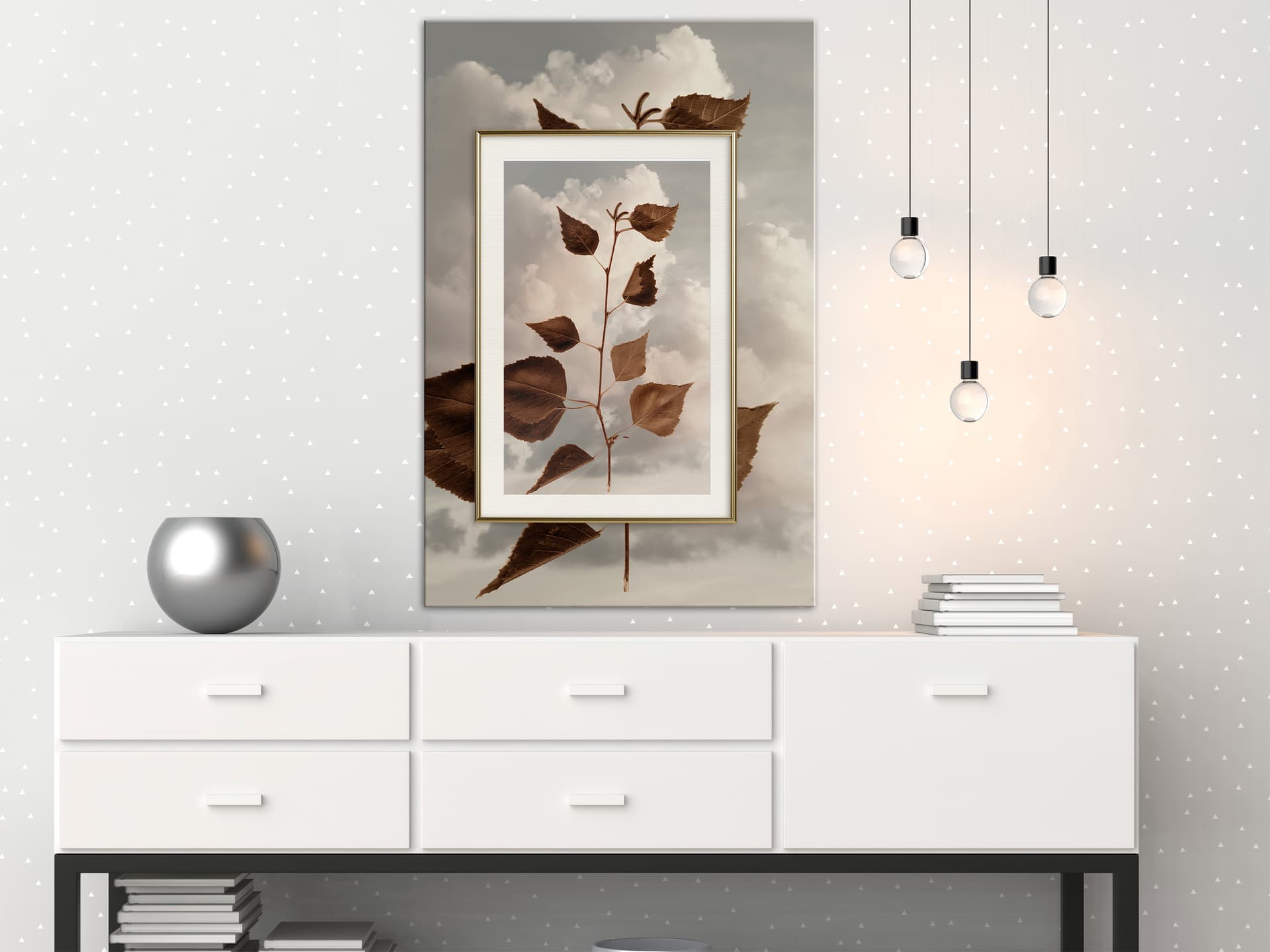 

Plakat - Liście w chmurach (rozmiar 20x30, wykończenie Rama złota z passe-partout)