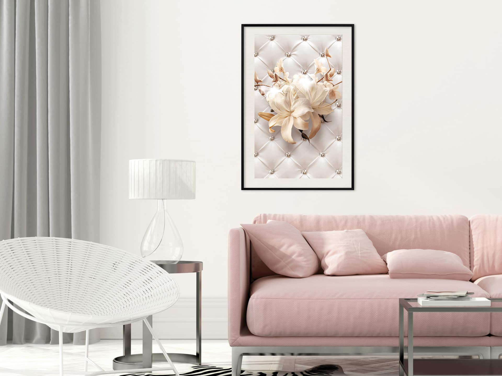 

Plakat - Lilie na skórzanej tapicerce (rozmiar 40x60, wykończenie Rama czarna z passe-partout)