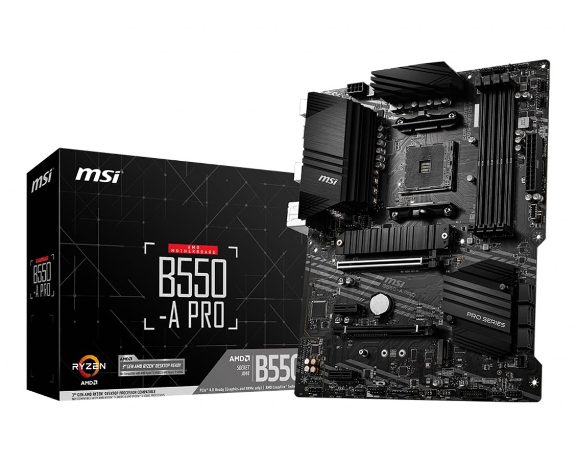 

MSI B550-A PRO Processor family AMD, Processor socket AM4, DDR4 DIMM, Memory slots 4, Supported hard disk drive interfaces SATA