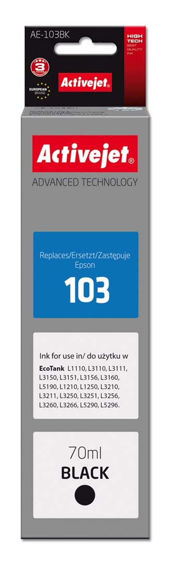 

Tusz Activejet AE-103Bk (zamiennik Epson 103 C13T00S14A; Supreme; 70 ml; 4500, czarny)