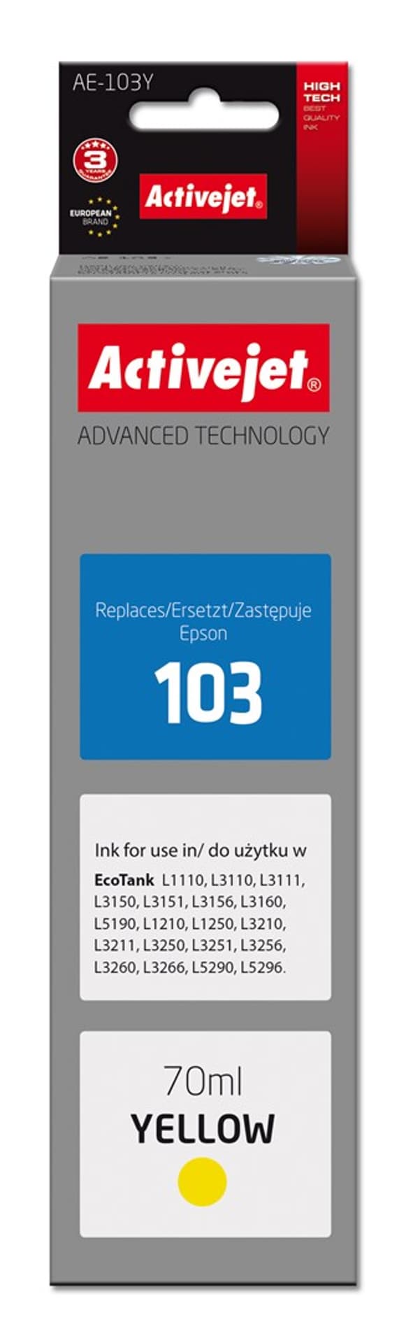

Tusz Activejet AE-103Y (zamiennik Epson 103 C13T00S44A; Supreme; 70 ml; żółty)