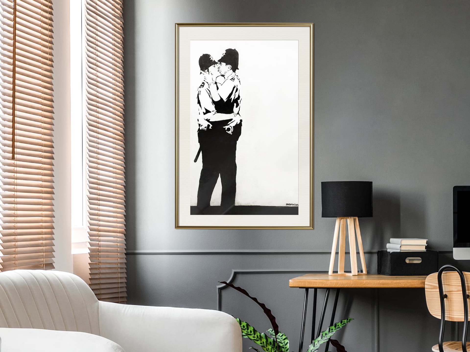 

Plakat - Banksy: Kissing Coppers II (rozmiar 20x30, wykończenie Rama złota z passe-partout)