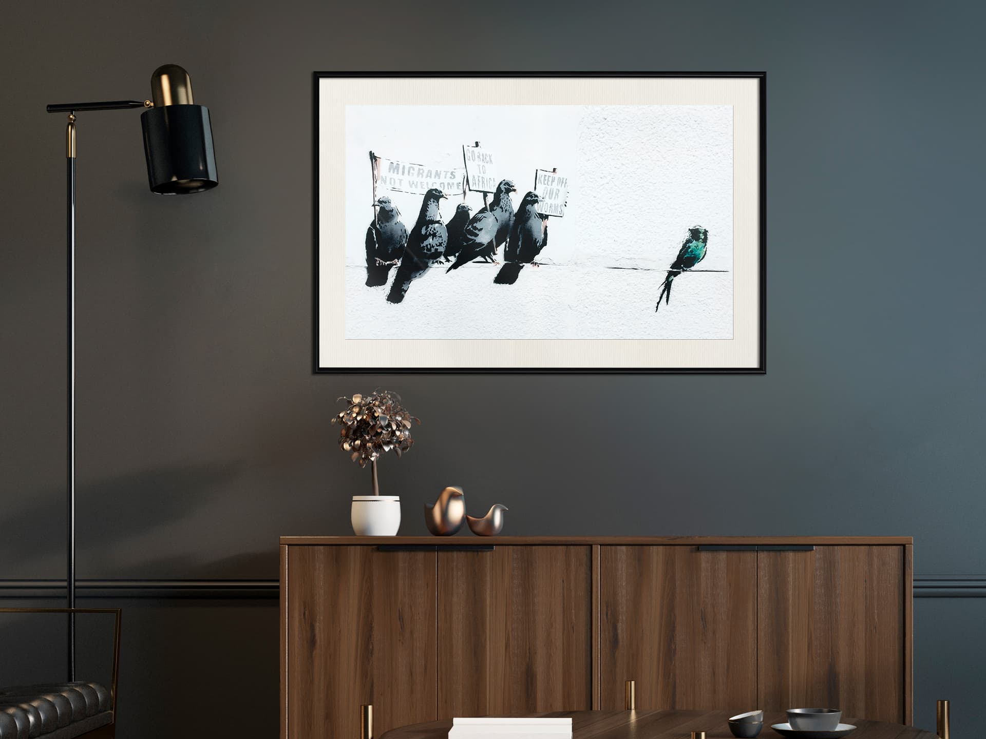 

Plakat - Banksy: Pigeons (rozmiar 90x60, wykończenie Rama czarna z passe-partout)