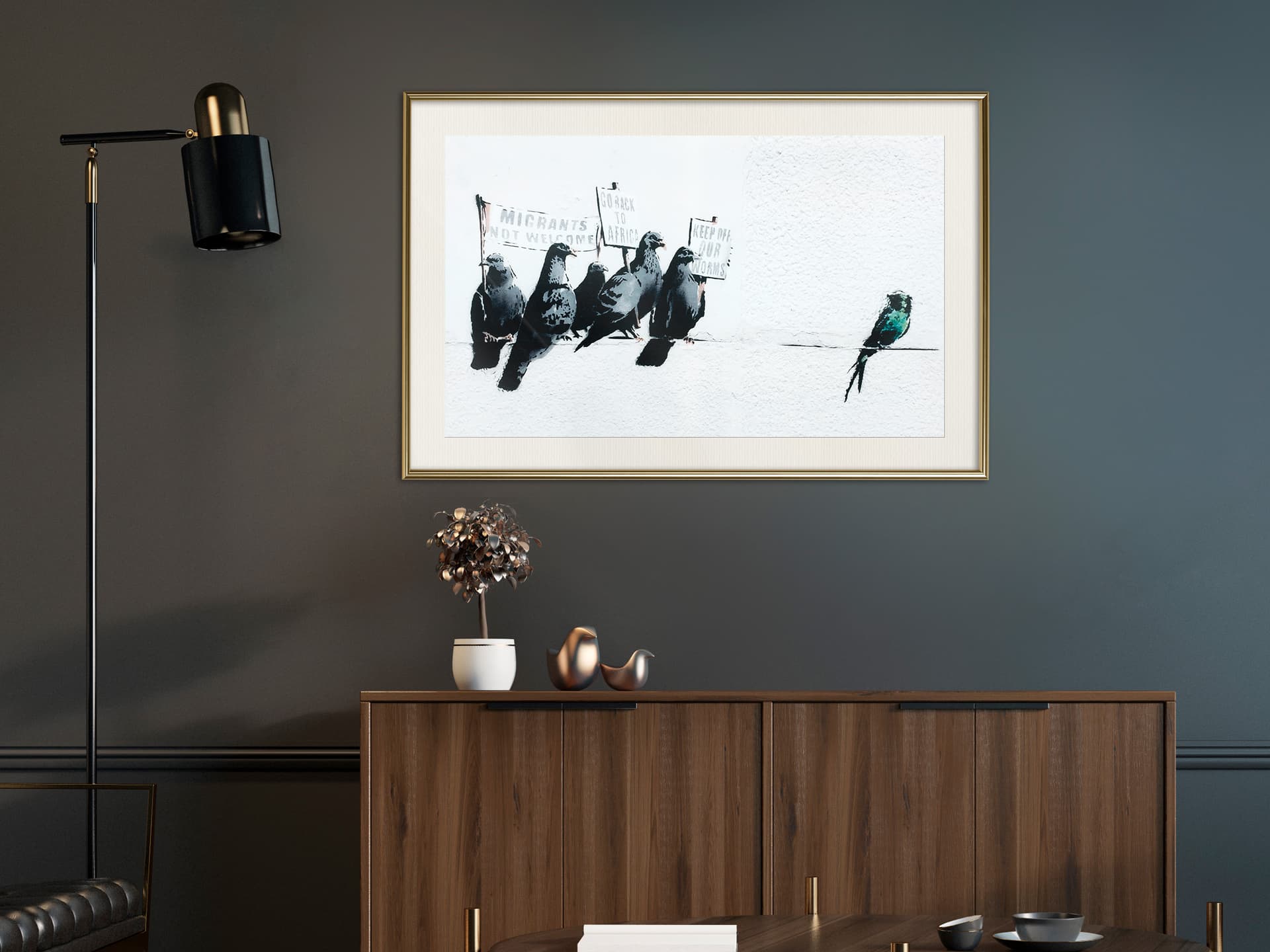 

Plakat - Banksy: Pigeons (rozmiar 30x20, wykończenie Rama złota z passe-partout)