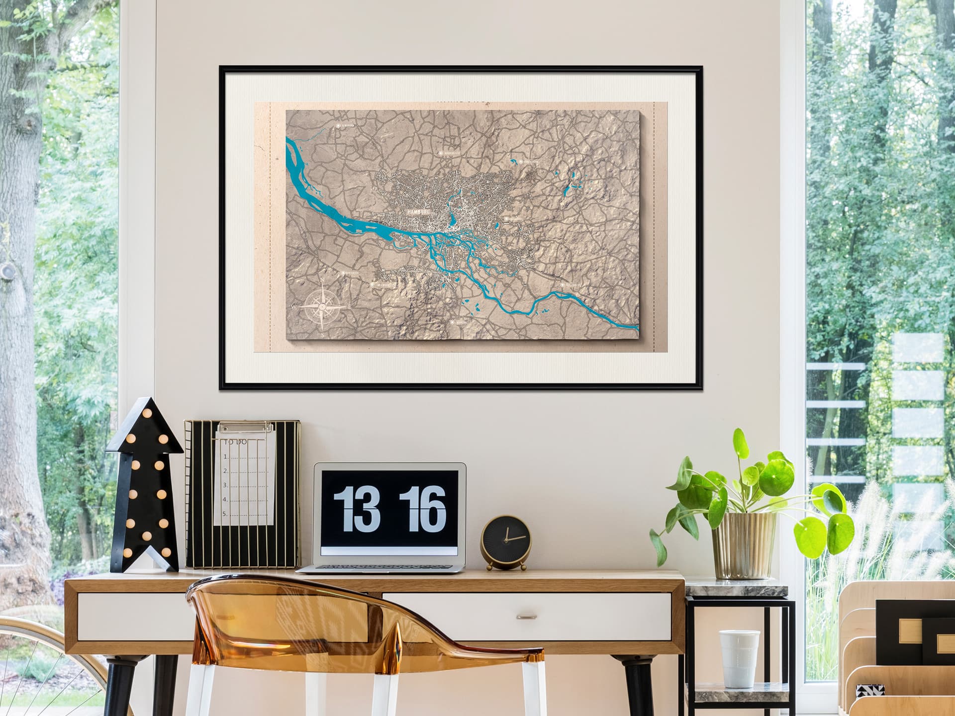 

Plakat - Mapa reliefowa: Hamburg (rozmiar 90x60, wykończenie Rama czarna z passe-partout)