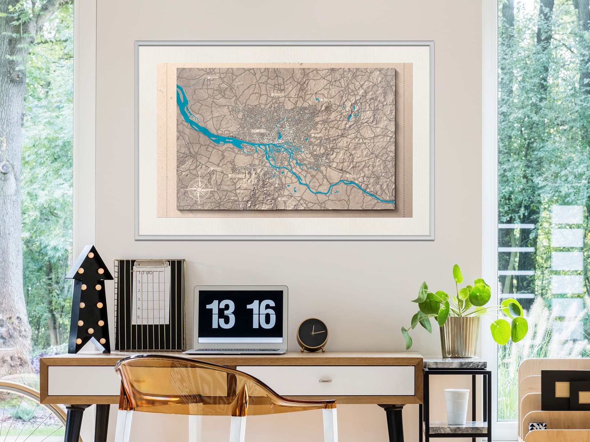 

Plakat - Mapa reliefowa: Hamburg (rozmiar 90x60, wykończenie Rama biała z passe-partout)