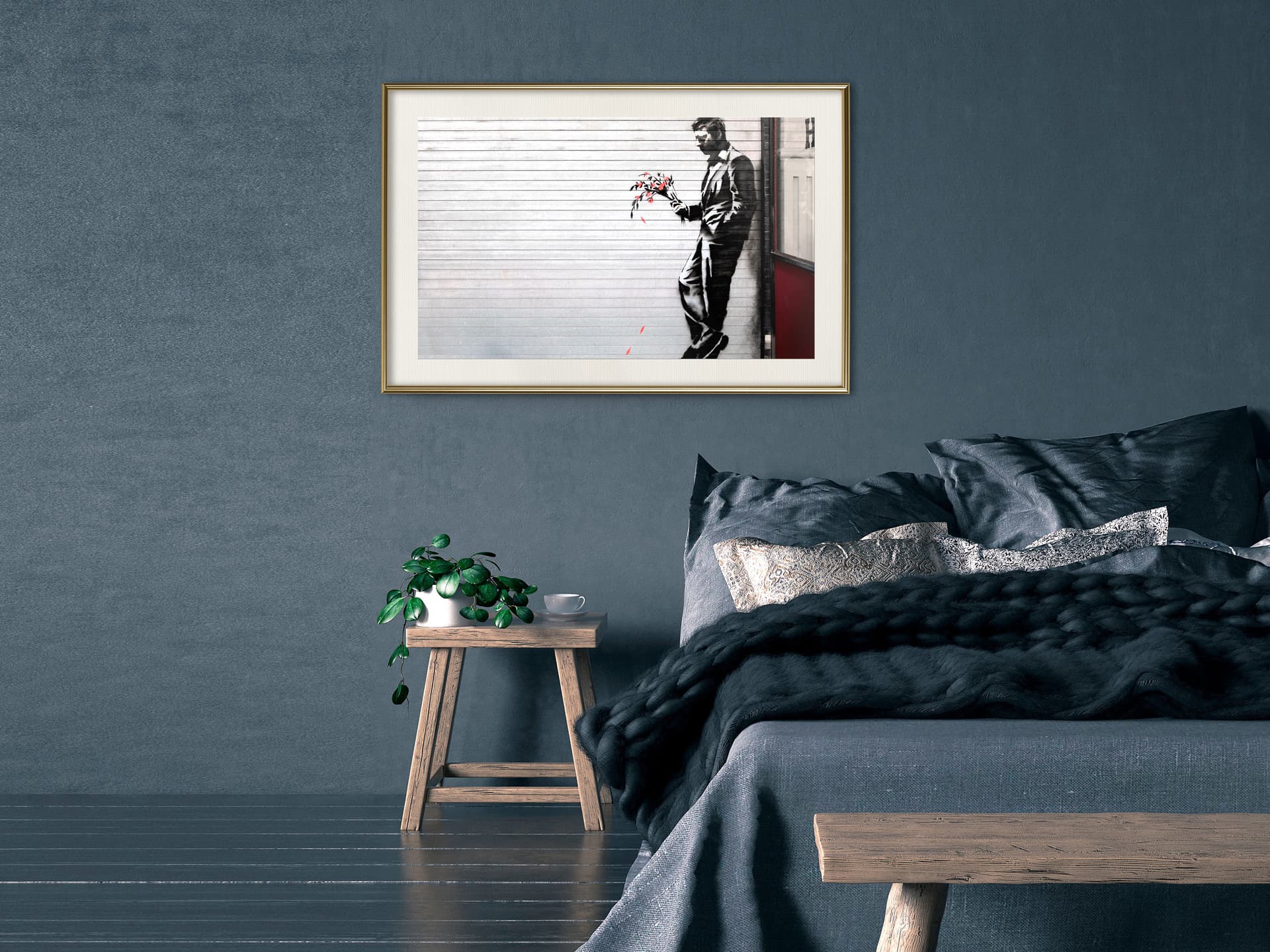 

Plakat - Banksy: Waiting in Vain (rozmiar 90x60, wykończenie Rama złota z passe-partout)