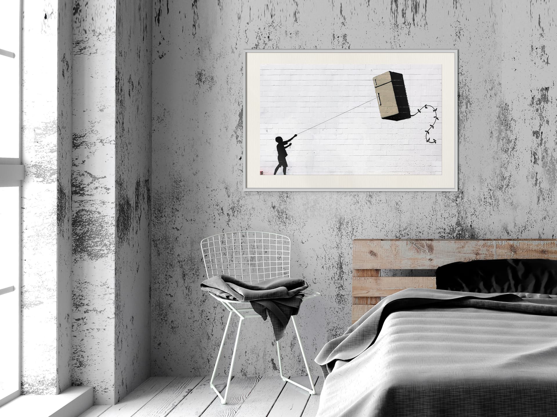 

Plakat - Banksy: Fridge Kite (rozmiar 90x60, wykończenie Rama biała z passe-partout)