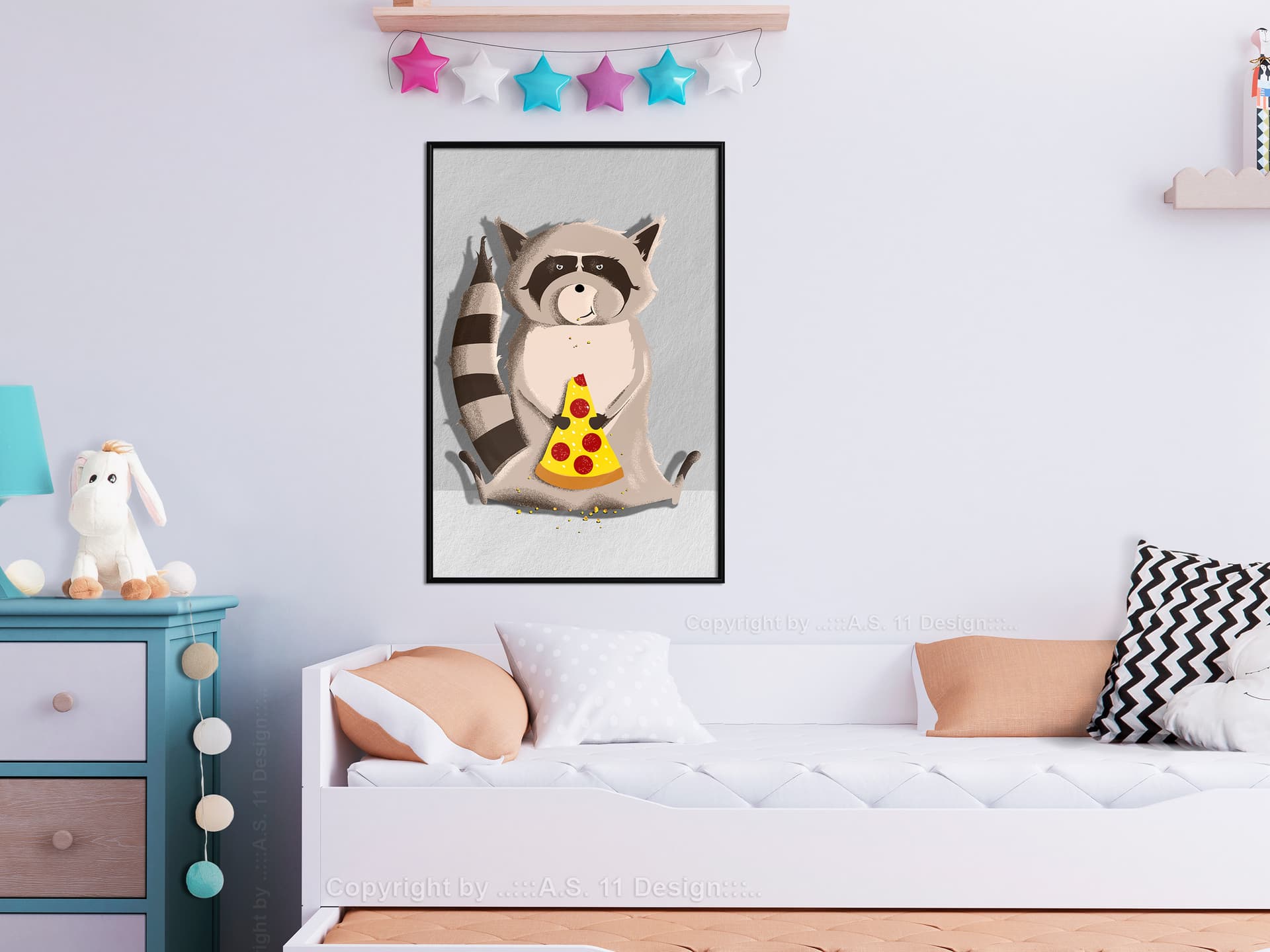 

Plakat - Szop jedzący pizzę (rozmiar 20x30, wykończenie Rama czarna)