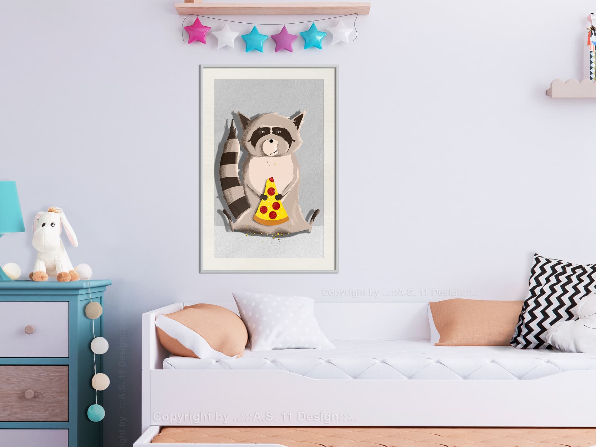 

Plakat - Szop jedzący pizzę (rozmiar 30x45, wykończenie Rama biała z passe-partout)