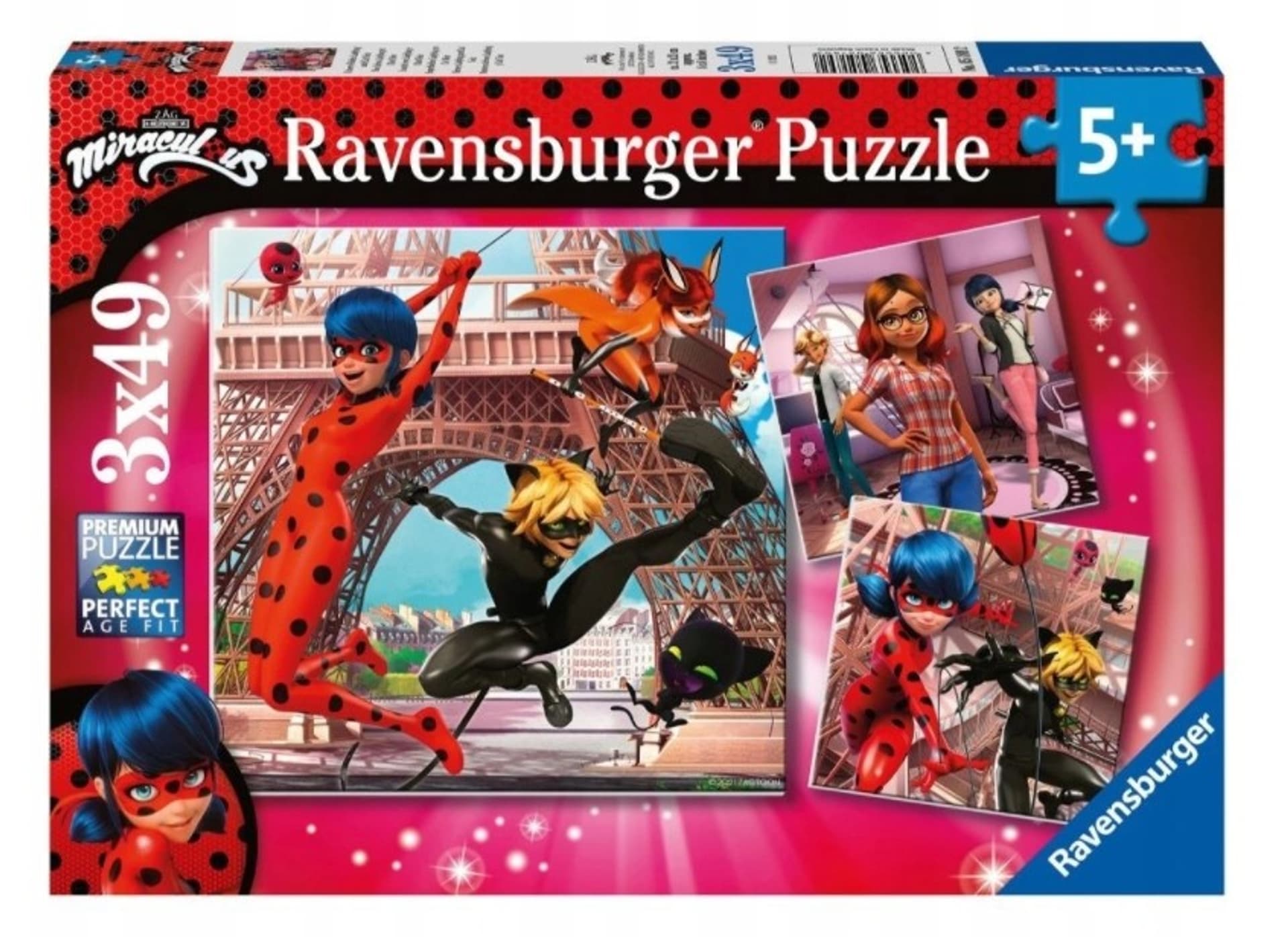 

Puzzle 3x49 elementów Miraculum Biedrka i Czarny Kot