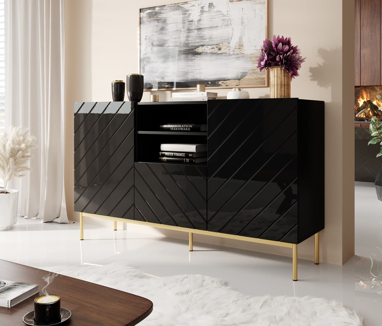 

Komoda ABETO na złotym stelażu ze stali 150x42x90 czarny/czarny połysk