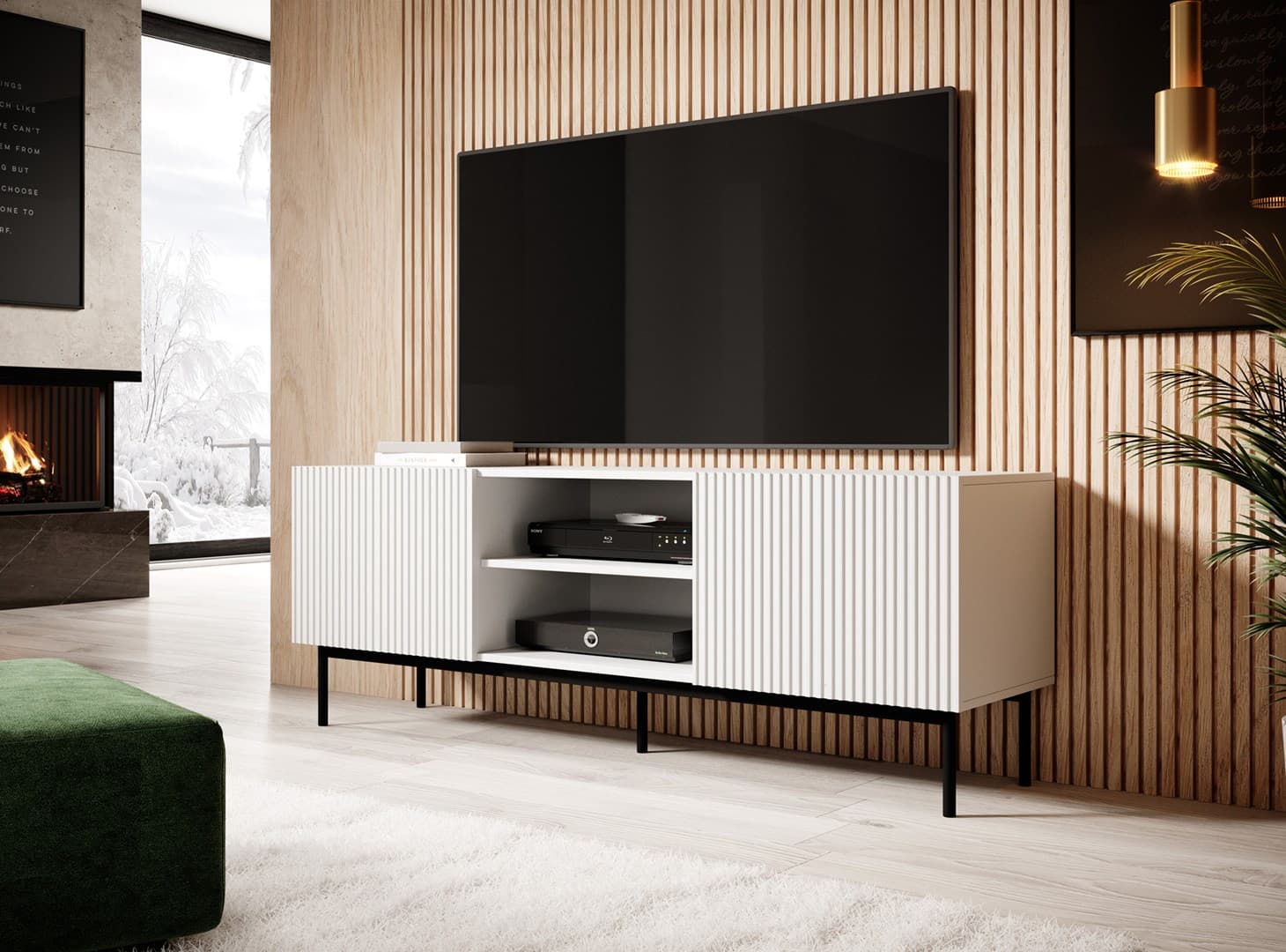 

Szafka RTV PAFOS na czarnym stelażu ze stali 150x40x60 biały mat