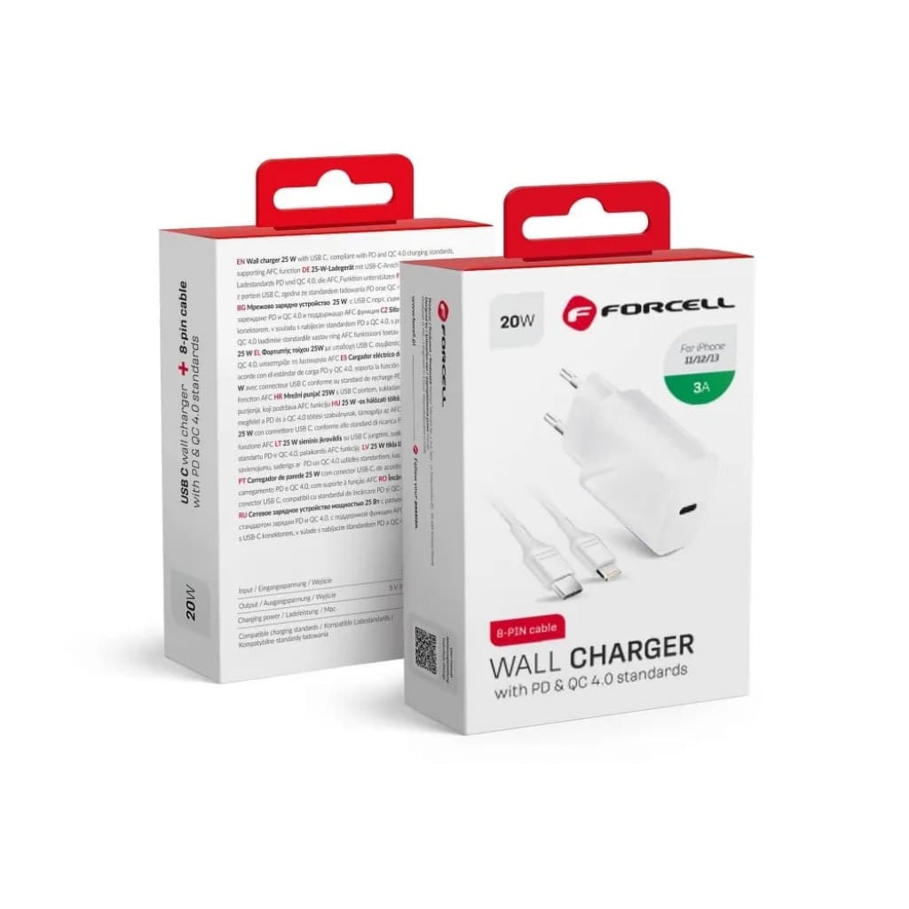 

Ładowarka Sieciowa Forcell USB TYPC 3A 20W z funkcją ładowania PD i QC 4.0 + odpinany kabel Lightning 1M