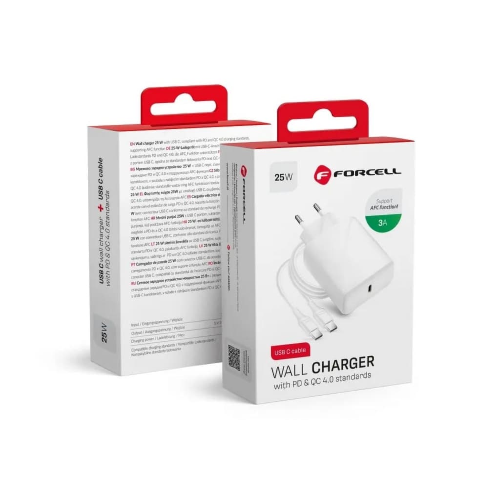 

Ładowarka Sieciowa Forcell USB TYPC 3A 25W z funkcją ładowania PD i QC 4.0 + odpinany kabel TYPC 1M