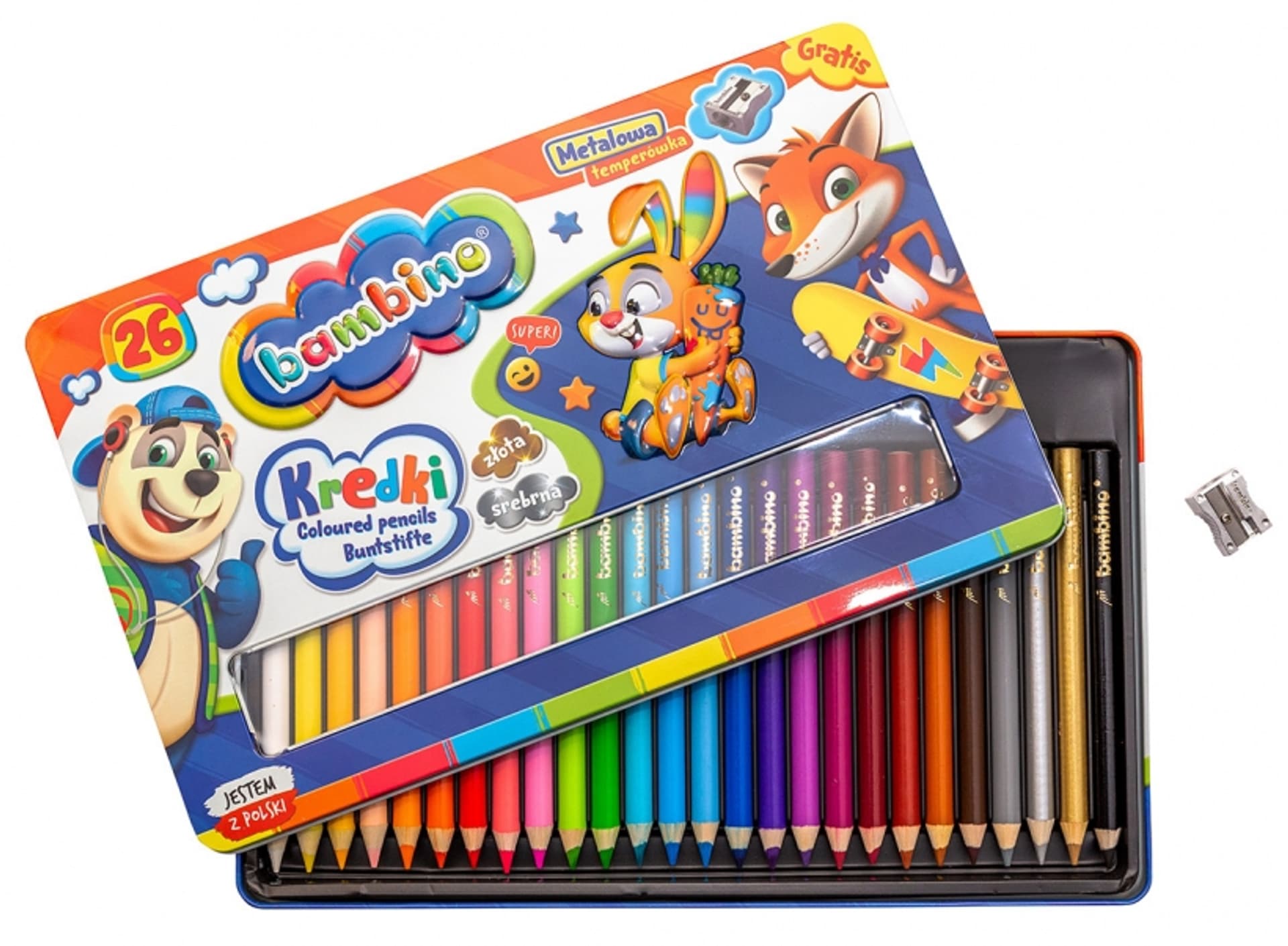 

Kredki BAMBINO, oprawa drewniana 26kol 15cm w pudełku metalowym 3226