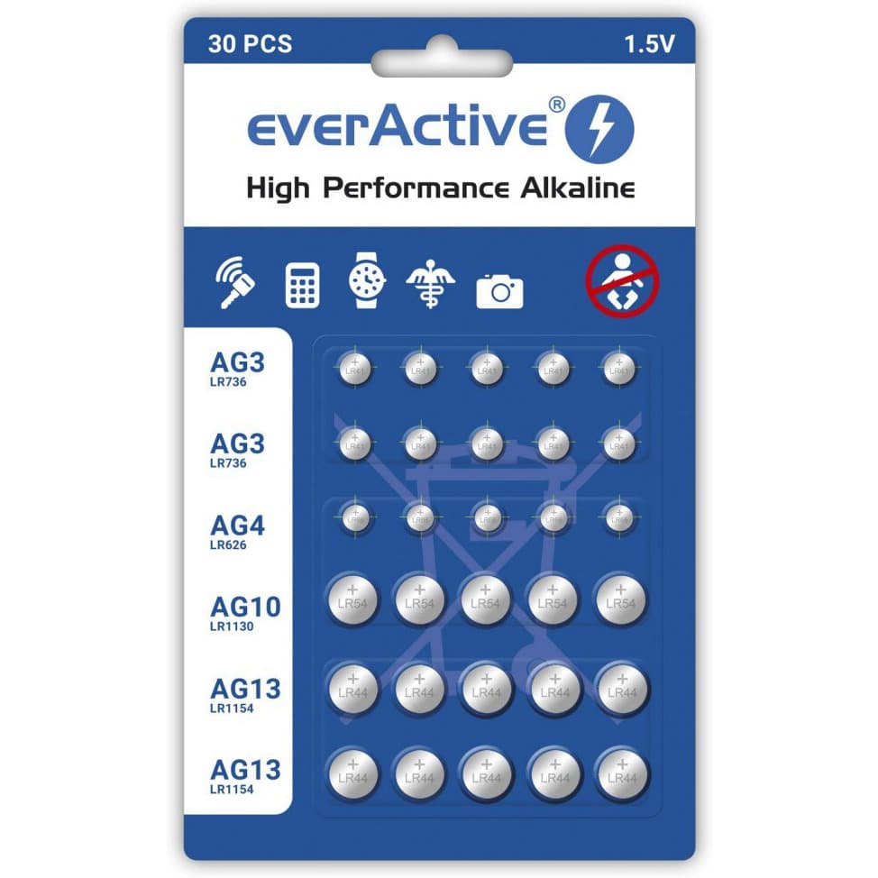 

EVERACTIVE BATERIE ALKALICZNE MINI ZESTAW: 10 X G3 / LR41, 5 X G4 / LR626, 5 X G10 / LR1130, 10 X G13 / LR1154 AGMIX30BL