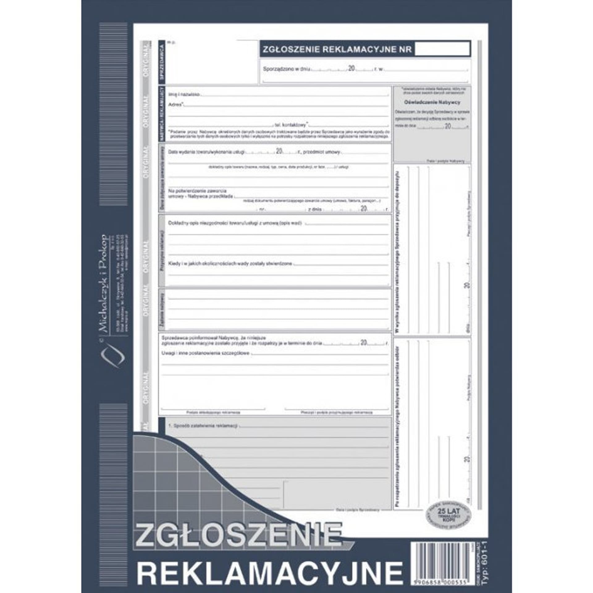 

601-1 Zgłoszenie reklamacji MICHALCZYK&PROKOP A4 40 kartek