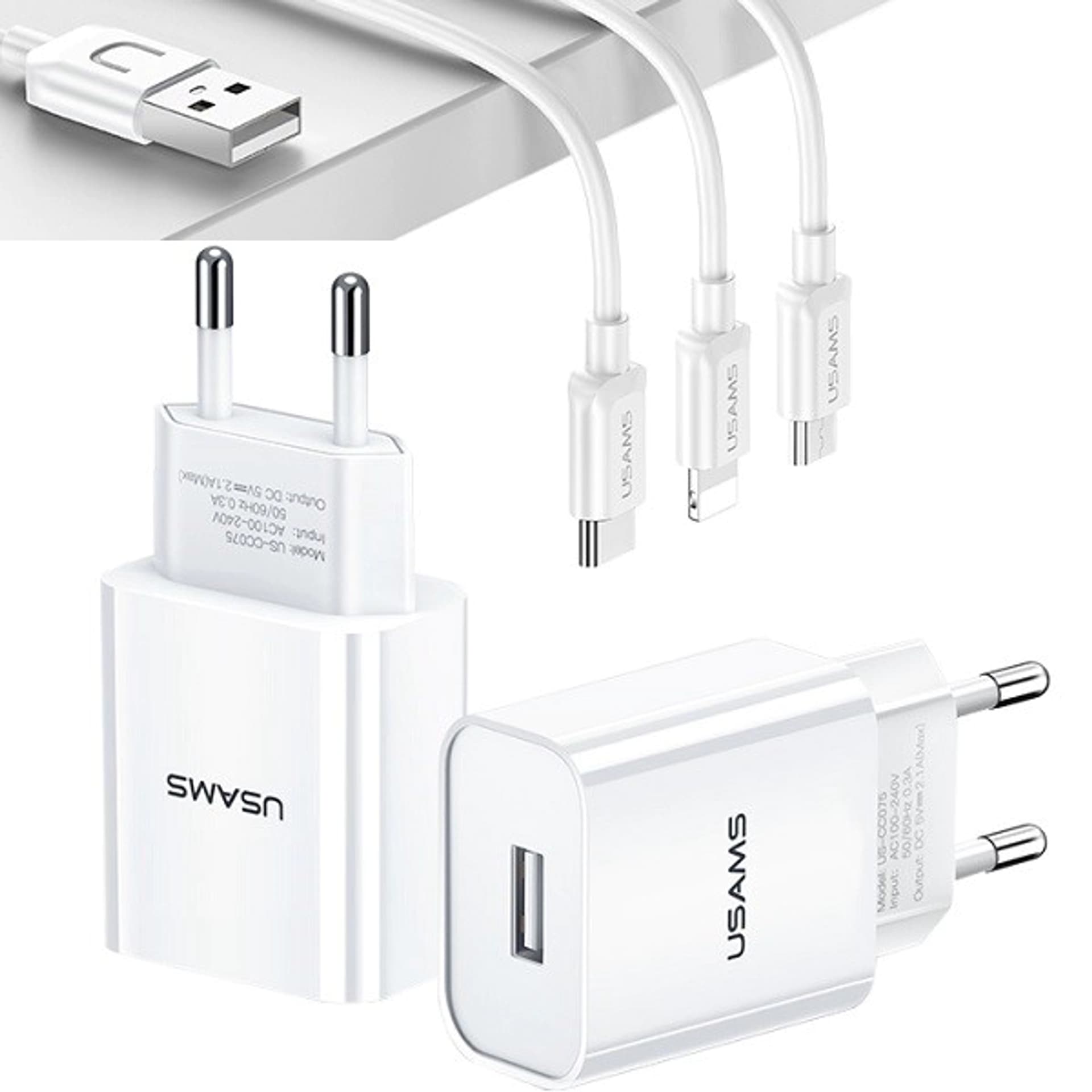 

USAMS Ład. siec. 1xUSB T18 2,1A 3w1 (lightning+microUSB+USB-C) biały/white Fast Charging LTXLT18OGXD301, Lightning+microusb+usb-c) biały/white fast charging ltxlt18ogxd30