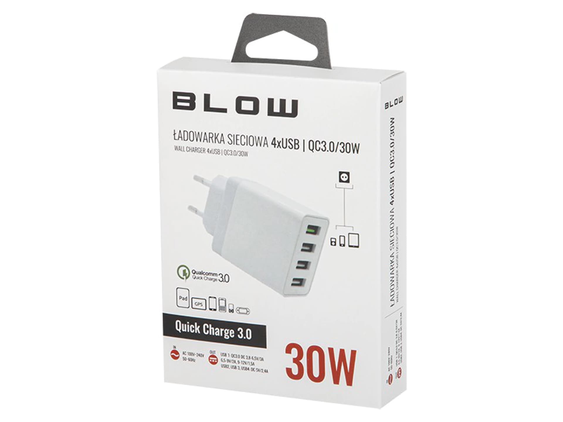 

76-007# Ładowarka siec. z gn.usbx4 qc3.0 30w