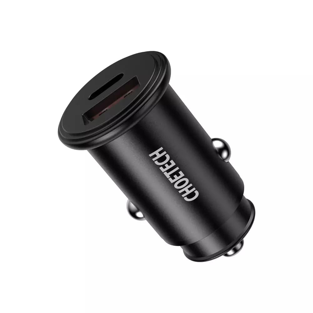 

Choetech szybka dwuportowa ładowarka samochodowa PD USB Typ C + QC3.0 USB-A 30W 5A czarny (TC0006)