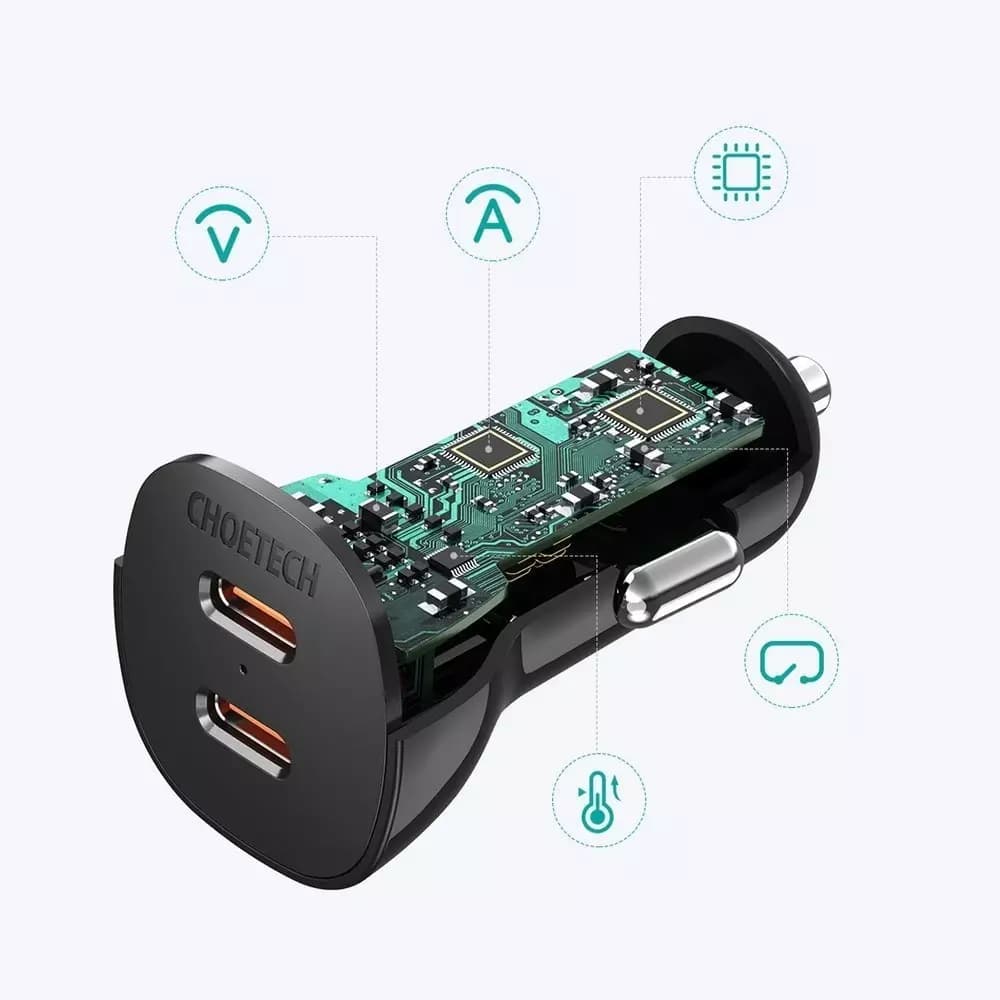 

Choetech ładowarka samochodowa 2x USB Typ C Quick Charge Power Delivery 40W FCP AFC czarny (TC0008)
