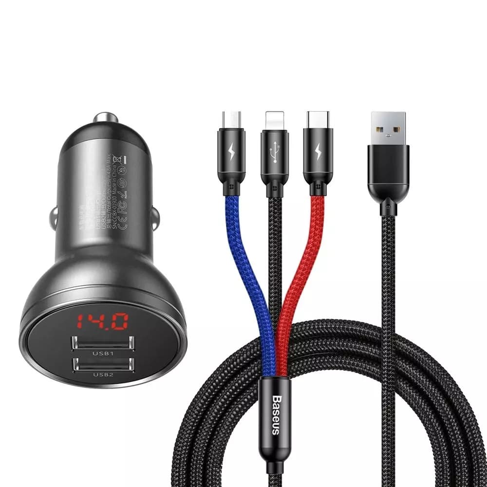 

Baseus ładowarka samochodowa 2x USB 4,8A 24W z LCD + kabel 3w1 USB - USB Typ C / micro USB / Lightning 1,2m czarny (TZCCBX-0G)