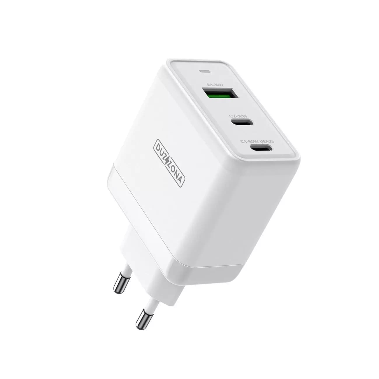 

Duzzona 3-portowa ładowarka sieciowa GaN 2 x USB Typ C + USB 65W PD QC3.0 biała (T1)