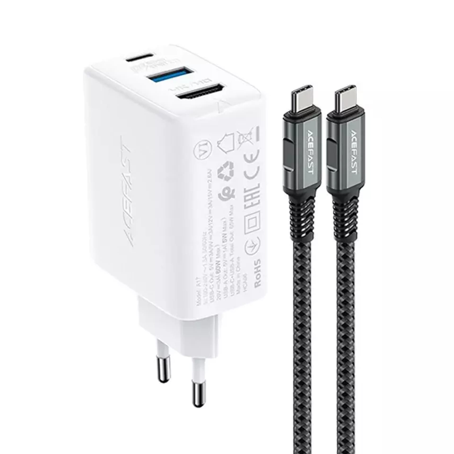 

Acefast 2w1 ładowarka sieciowa GaN 65W USB Typ C / USB, adapter przejściówka HDMI 4K@60Hz (zestaw z kablem) biały (A17 white)