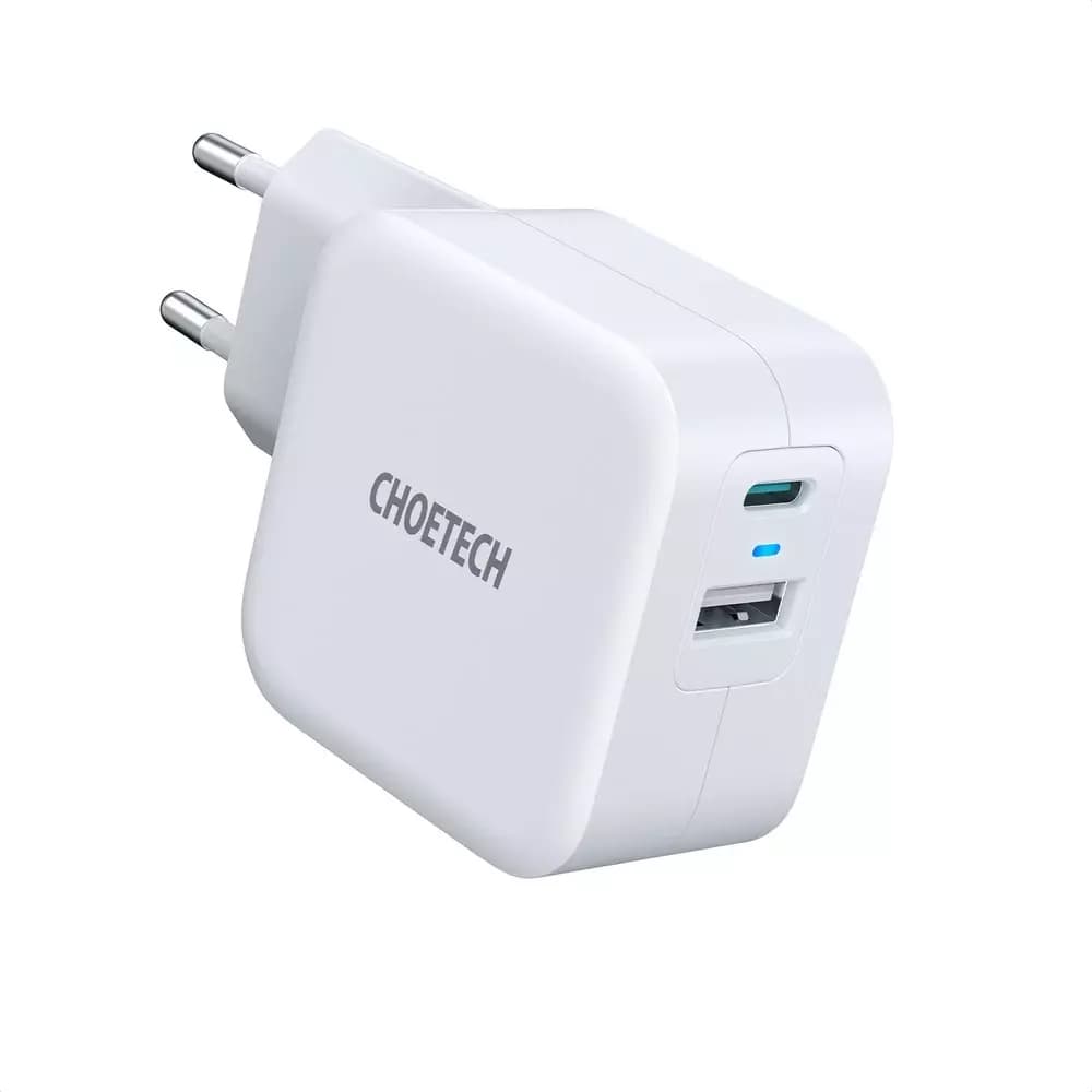 

Choetech szybka ładowarka sieciowa QC PD 38W 5A USB Typ C + USB-A biały (PD5002-EU)