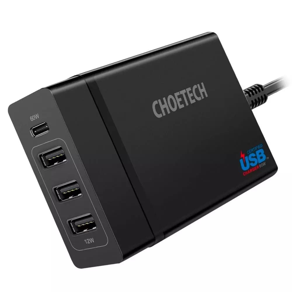 

Choetech ładowarka sieciowa 3x USB / 1x USB Typ C 60W Power Delivery czarny (PD72-1C3U)