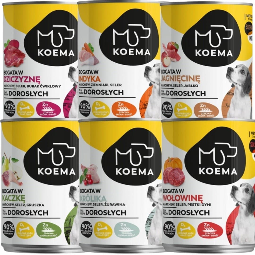 

Koema karma dla psa 90% mięsa mix 6 smaków 800g x 6 (dziczyzna, jagnięcina, wołowina,królik,kaczka, indyk)