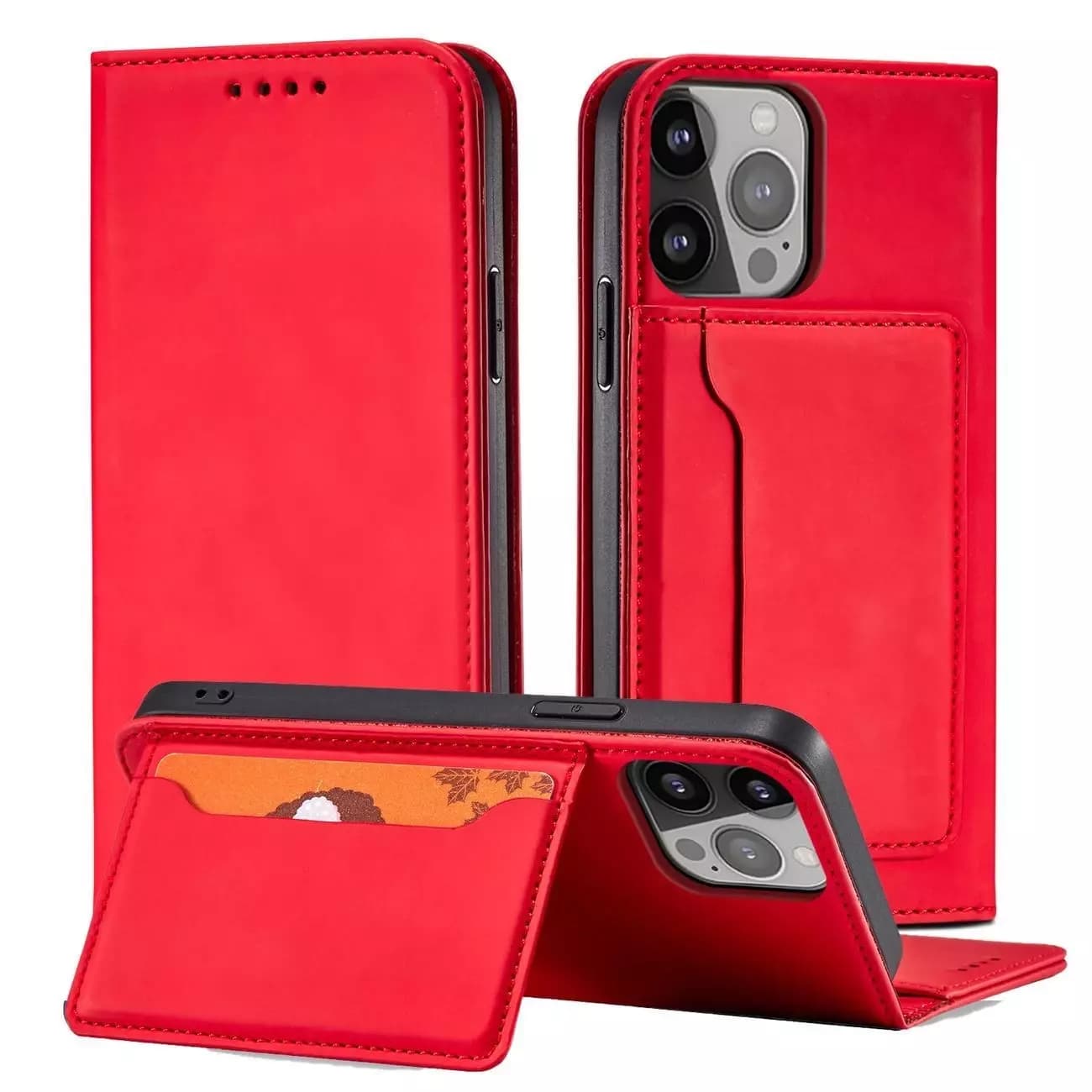 

Magnet Card Case etui do iPhone 13 Pro Max pokrowiec portfel na karty kartę podstawka czerwony