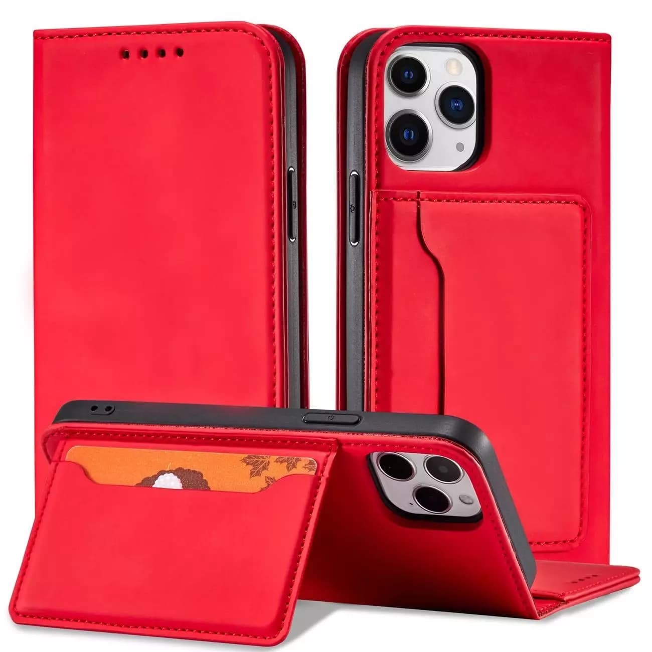 

Magnet Card Case etui do iPhone 12 pokrowiec portfel na karty kartę podstawka czerwony