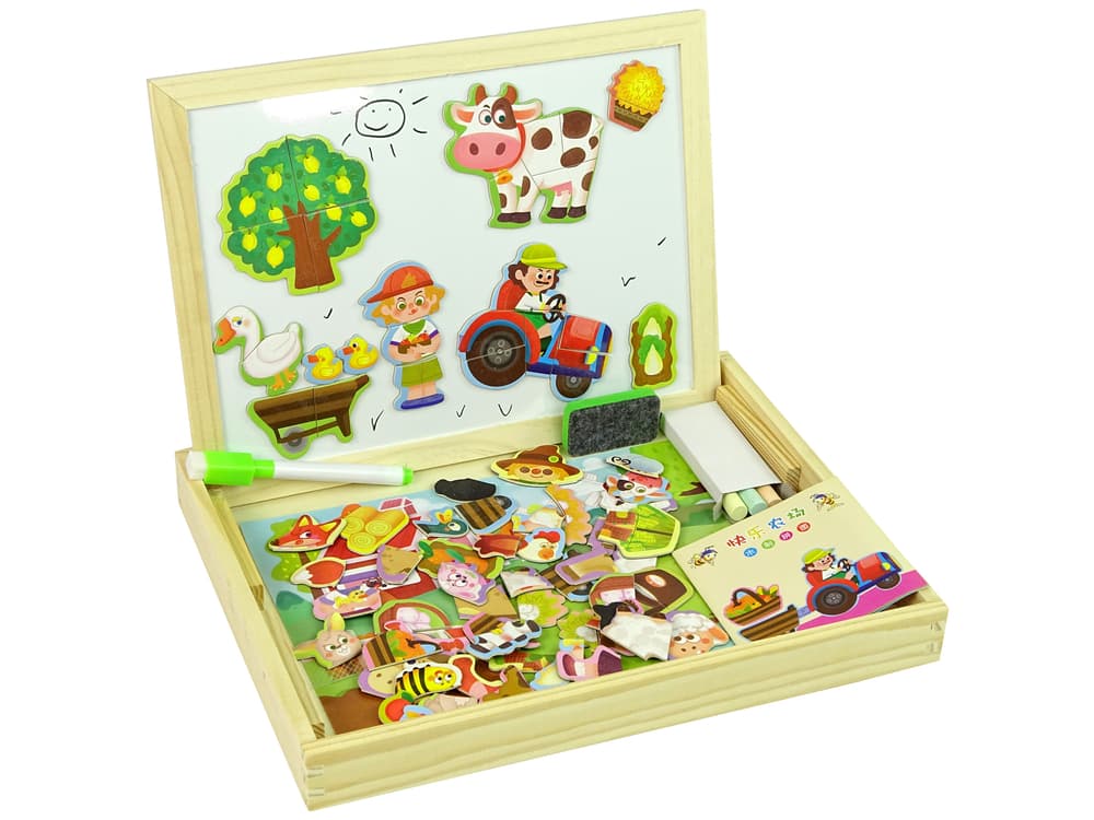 

Tablica Drewniana 2 w 1 Kredowa Magnetyczna Puzzle Zestaw Zwierzęta Farma