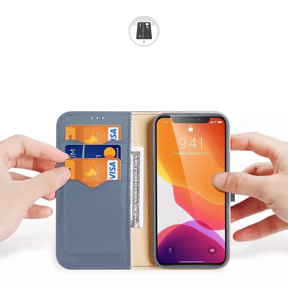 

Dux Ducis Hivo skórzane etui z klapką pokrowiec ze skóry naturalnej portfel na karty i dokumenty iPhone 11 Pro Max niebieski