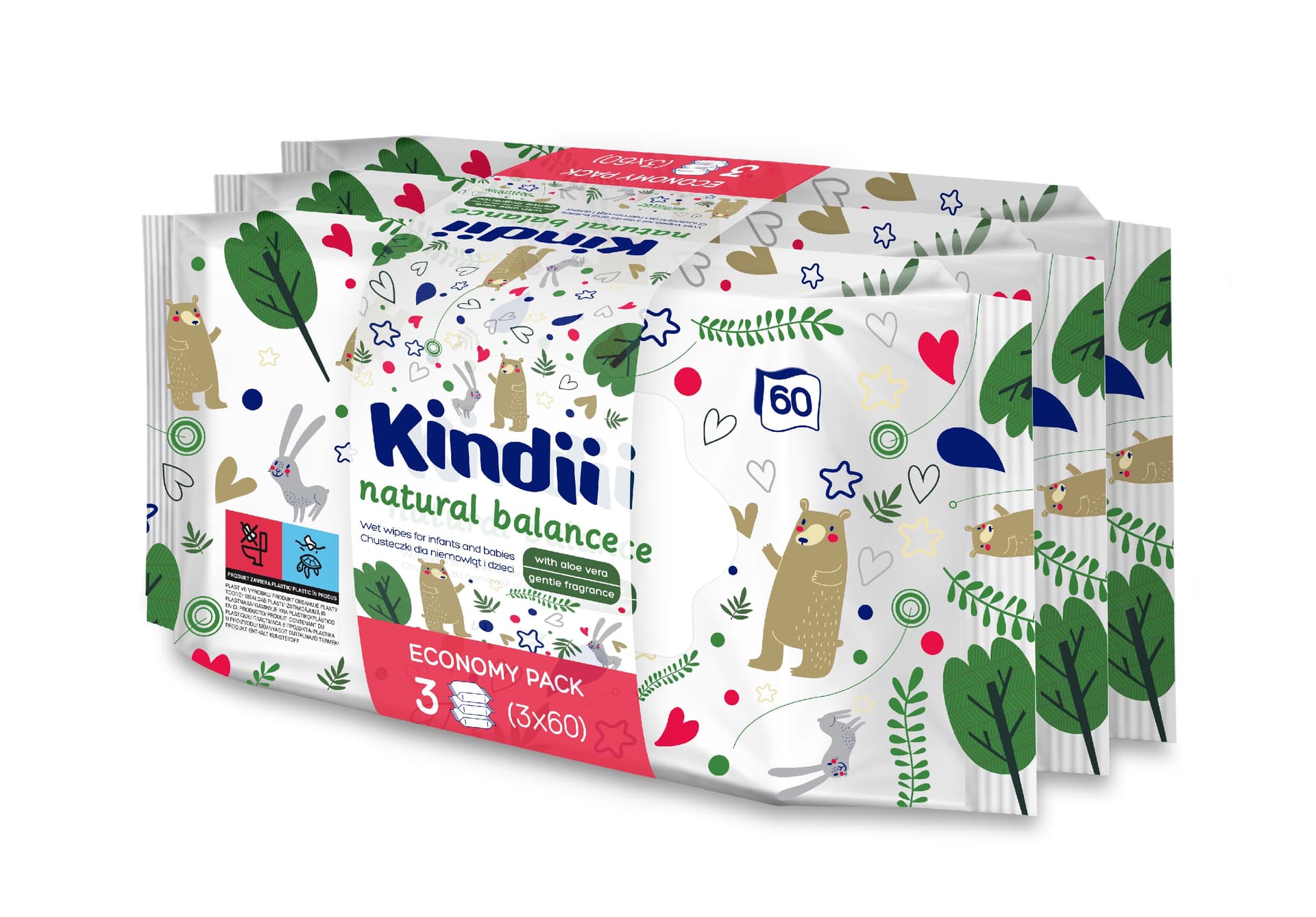 

Kindi Natural Balance Chusteczki oczyszczające dla niemowląt i dzieci TRIO 1op.-3x60szt