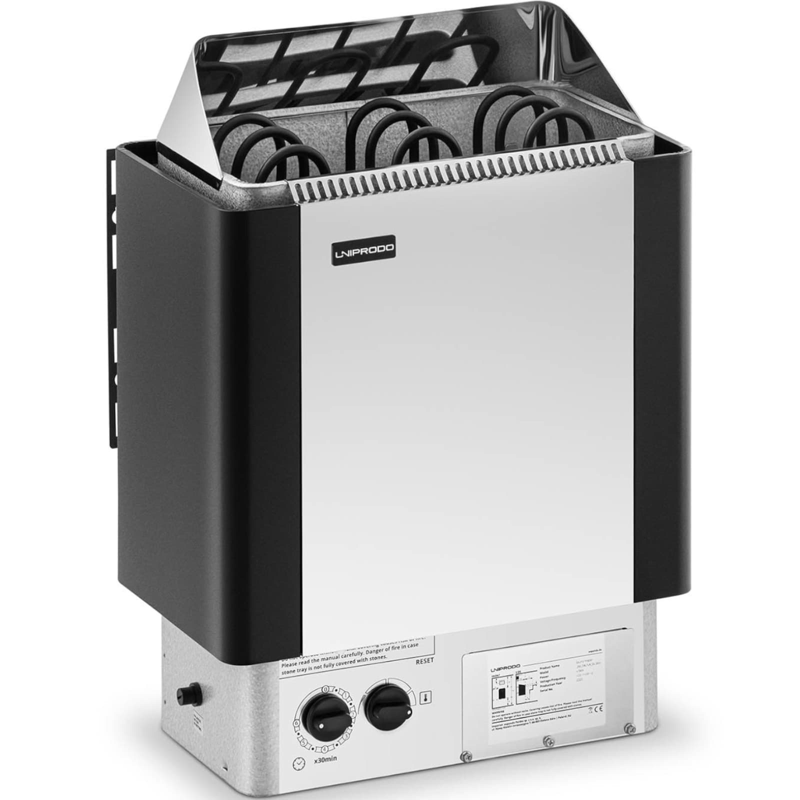 

Piec do sauny elektryczny z wbudowanym sterowaniem 3-6 m3 do 110C 400 V 4.5 kW srebrno-czarny