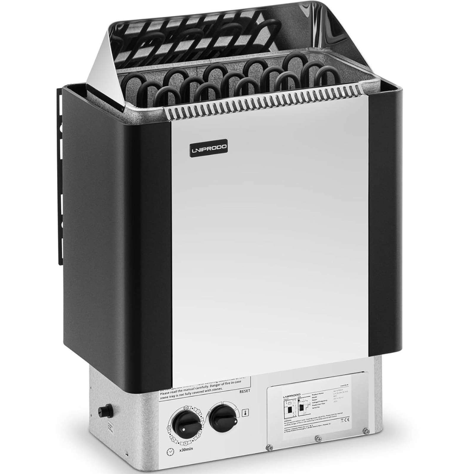 

Piec do sauny elektryczny z wbudowanym sterowaniem 8-12 m3 do 110C 400 V 8 kW srebrno-czarny