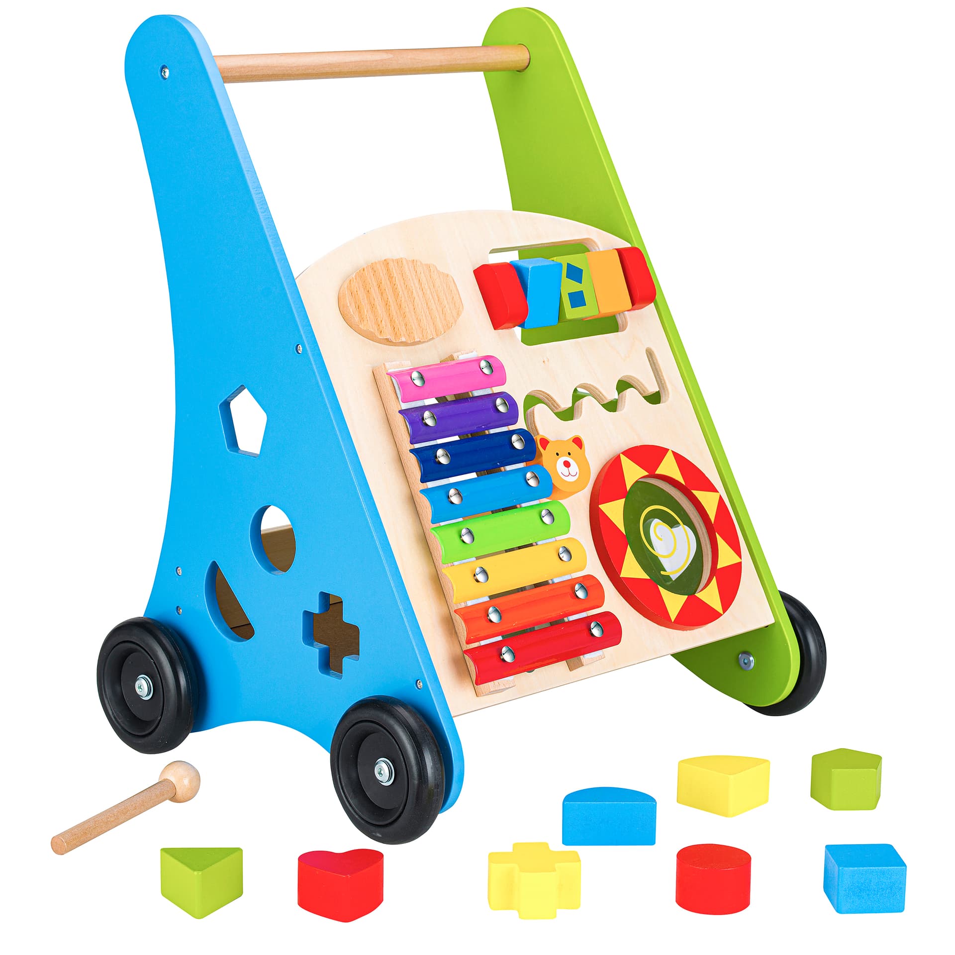 

Drewniany pchacz edukacyjny wózek cymbałki klocki ECOTOYS