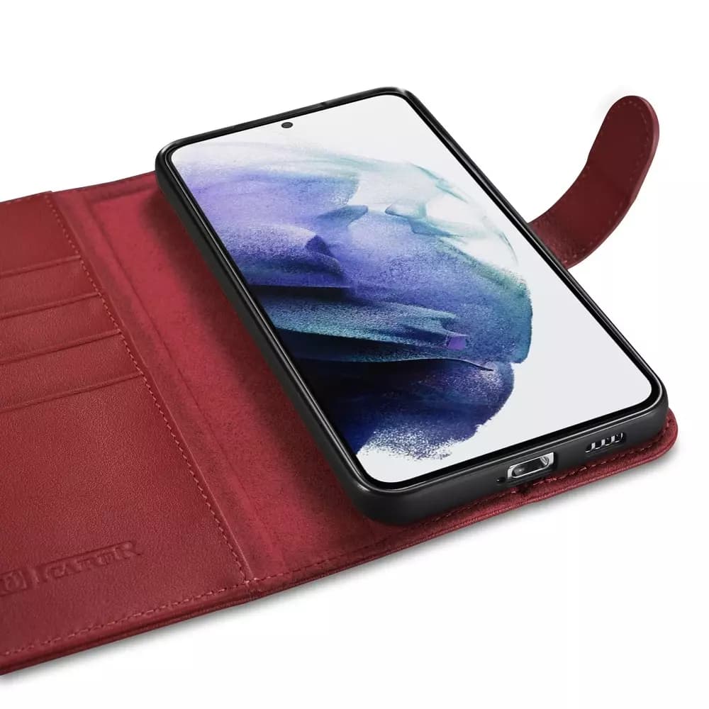 

iCarer Haitang Leather Wallet Case skórzane etui do Samsung Galaxy S22+ (S22 Plus) portfel obudowa pokrowiec czerwony (AKSM05RD)
