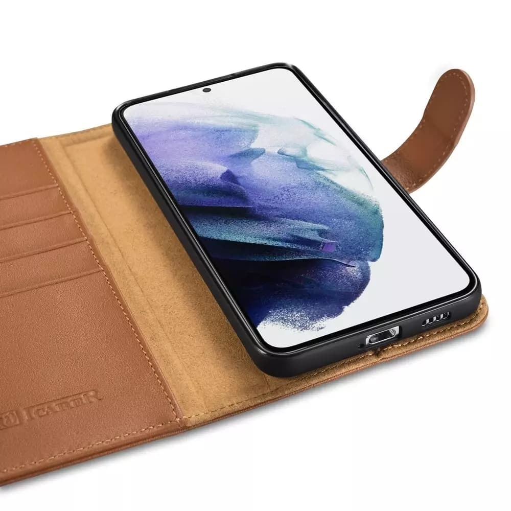 

iCarer Haitang Leather Wallet Case skórzane etui do Samsung Galaxy S22+ (S22 Plus) portfel obudowa pokrowiec brązowy (AKSM05BN)