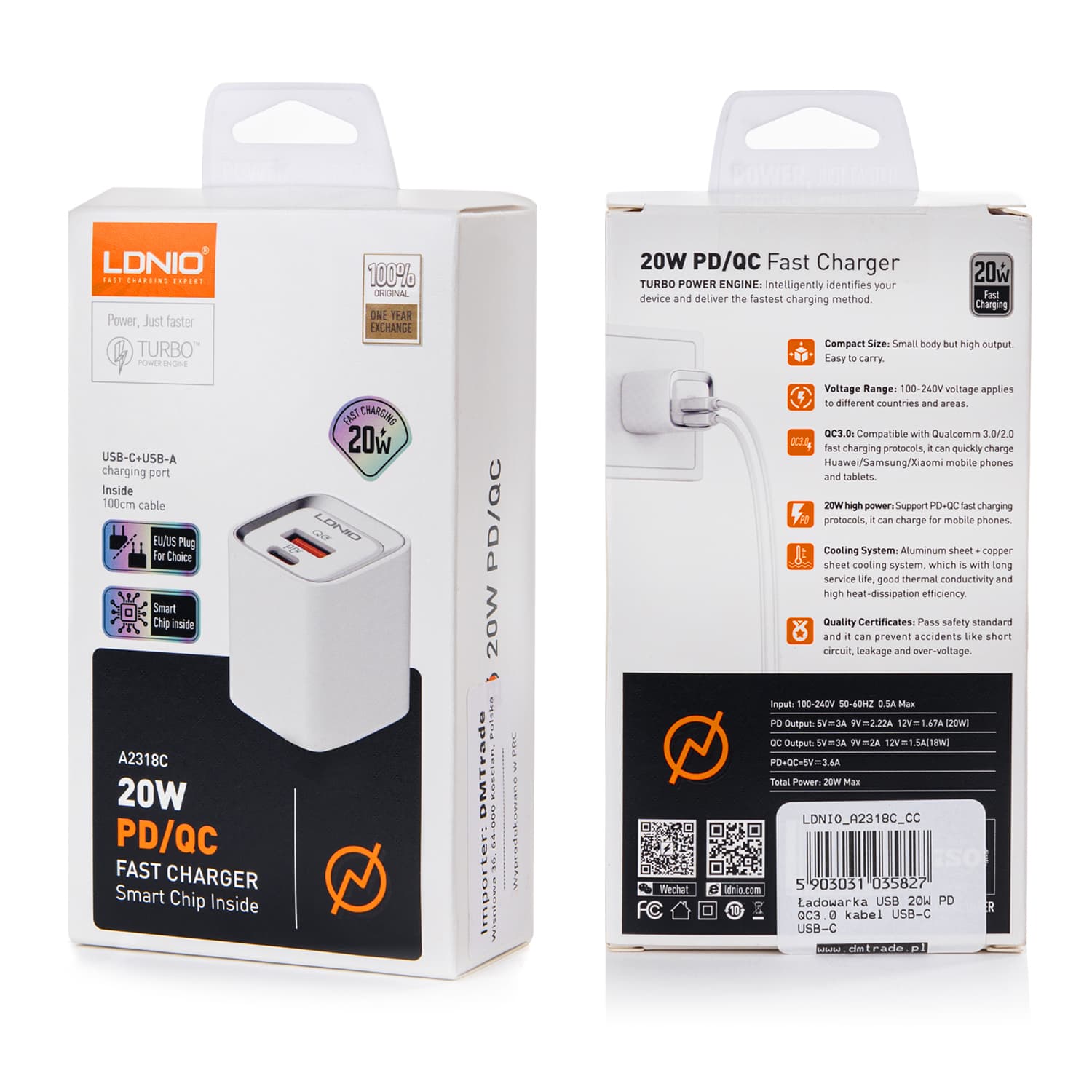 

Ładowarka USB 20W PD QC3.0 kabel USB-A microUSB