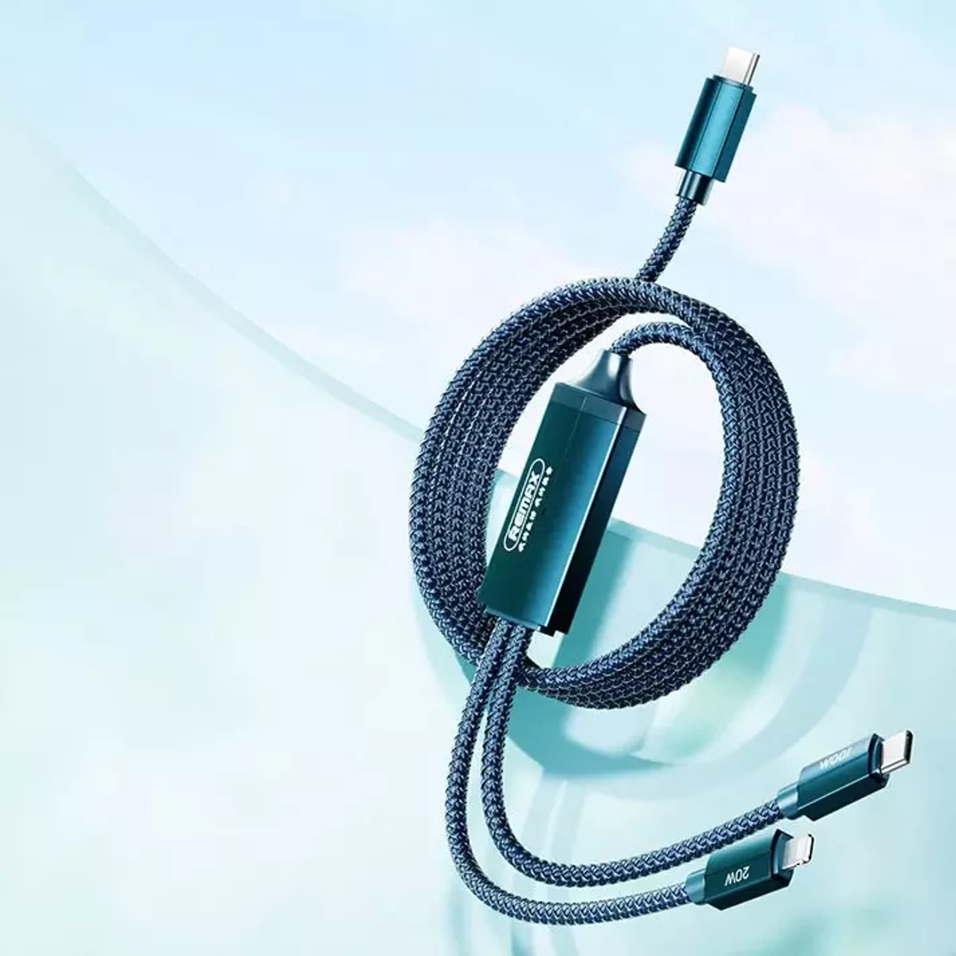 

Remax Kerolla Series szybki kabel 2w1 USB Typ C - USB Typ C + Lightning PD QC AFC FCP 100W 1m niebieski (RC-093CCL)