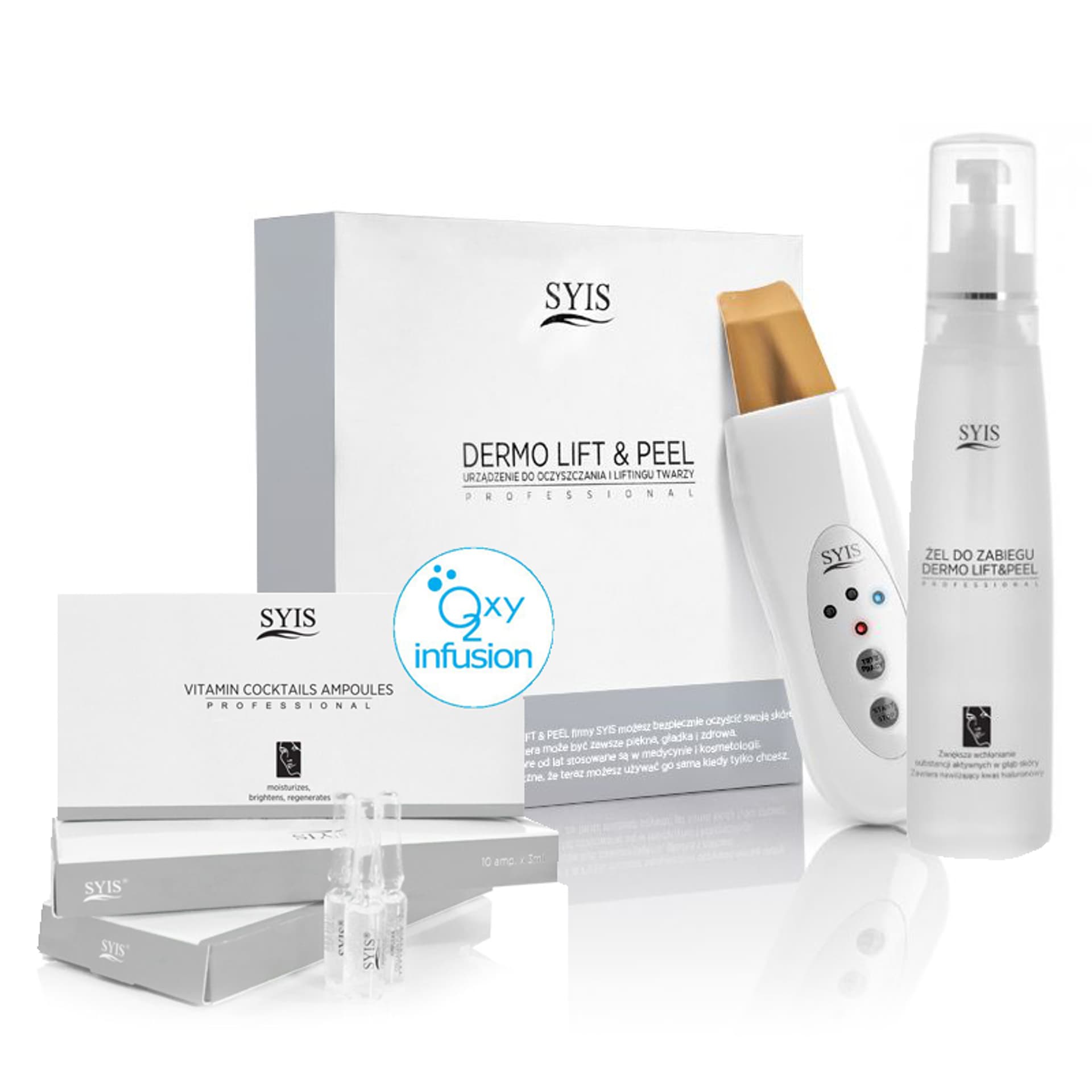 

Syis urządz. Dermo Lift&Peel skin scrubber złota szpatuła + kosmetyki Syis